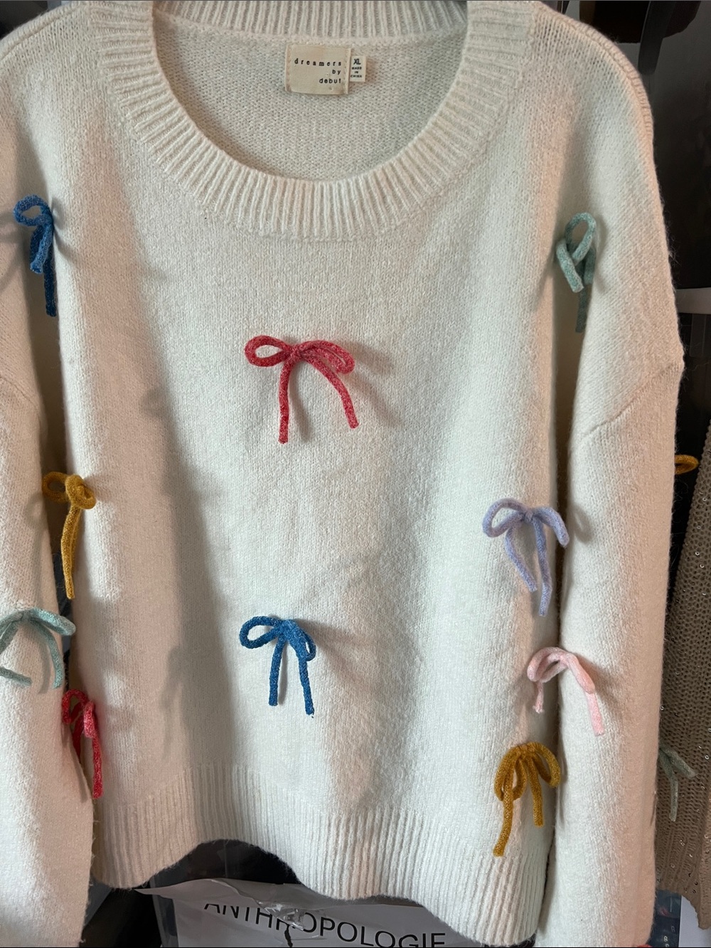 NEW! Dreamers By Debut whimsical off-white sweater with yarn bows XL - Picture 11 of 12